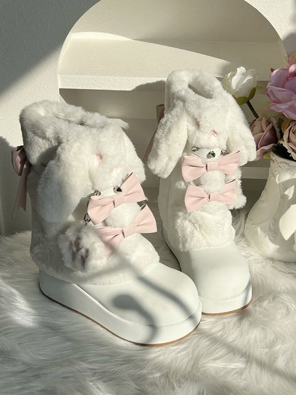 Sweet and Bunny - Regular/Fleece-Lined Studs Winter Bows Ear Boots Platform Version with White
