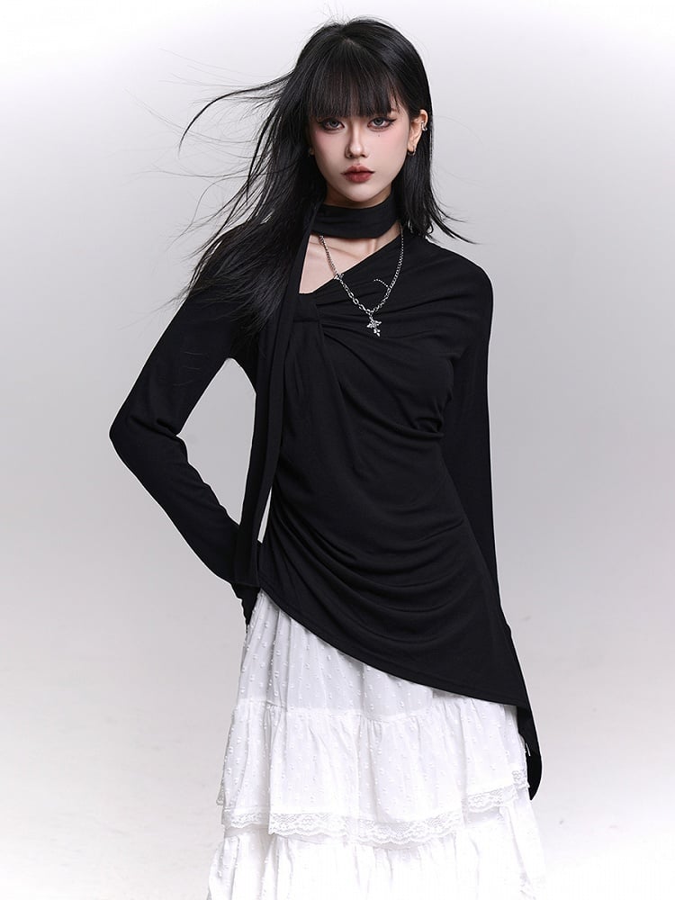 Gray/Black Long Sleeve Top with Gathering Details and Asymmetrical Neckline