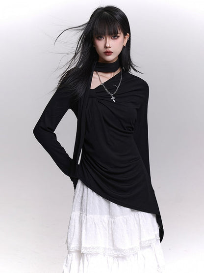 Gray/Black Long Sleeve Top with Gathering Details and Asymmetrical Neckline
