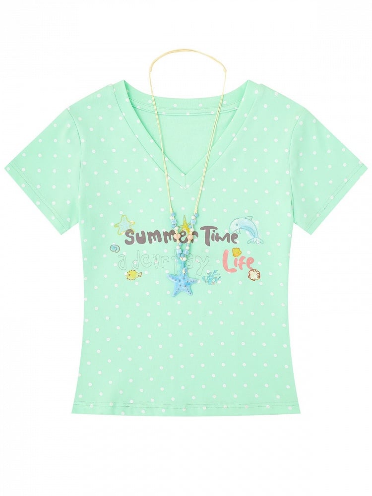 Green Summer Kawaii Letter Print V-Neck Short Sleeve T-Shirt with Starfish Necklace - Languid Park