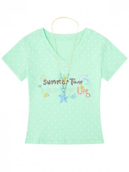 Green Summer Kawaii Letter Print V-Neck Short Sleeve T-Shirt with Starfish Necklace - Languid Park