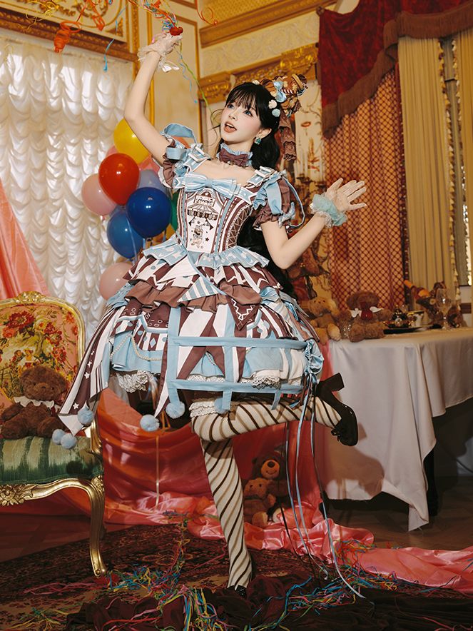 Brown Skirt Sleeves Detachable with Embroidery Dress Circus Lolita Jumper Bunny Blue Sweet Puff and