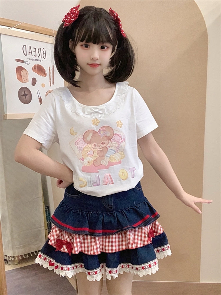 ショートバージョン 愛らしいマウスプリント ホワイト/ピンク レーストリム Tシャツ