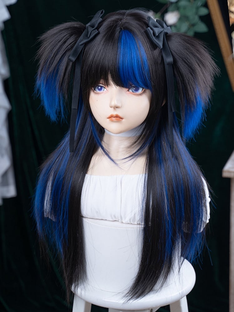 Highlights Ponytails Claw-Clip and Detachable Blue Black Wig with Synthetic