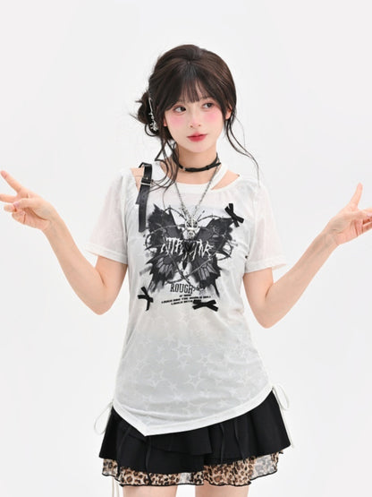 Butterfly Y2K White Semi-sheer PU Print Buckle T-shirt Waist Drawstring Strap Glamorous