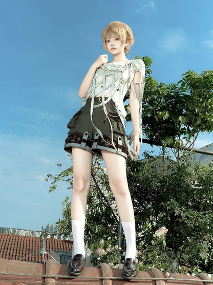 Dark Green Ouji Lolita Multi-Button Shorts with Plaid Pattern - Unknown Star