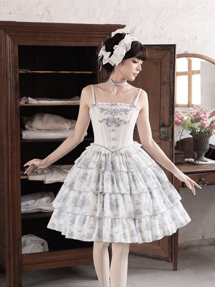 Blue & White Floral Print Lolita JSK with Bow Embellishments - CEL