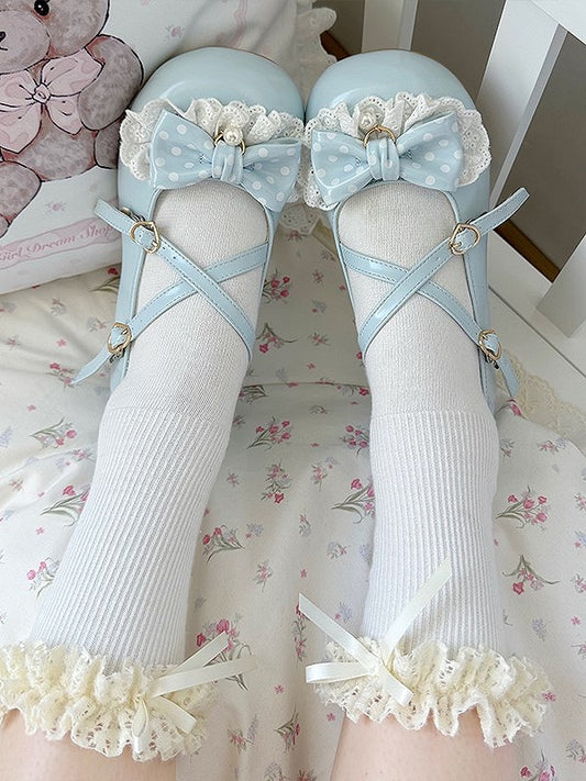 Blue Straps Sweet Trim with Heels Low 2.5cm Lace PU Crisscross Lolita