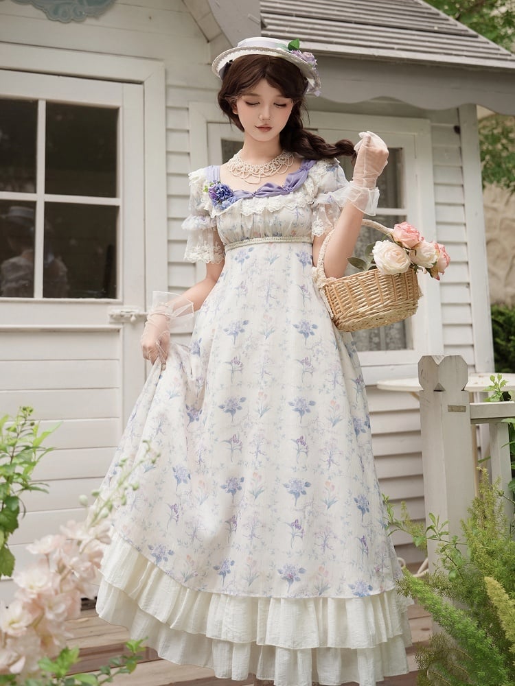 Iriskleid mit One-Waist-Print, Lolita-Stück, quadratisch, eleganter Empire-Ausschnitt mit Blumenmuster