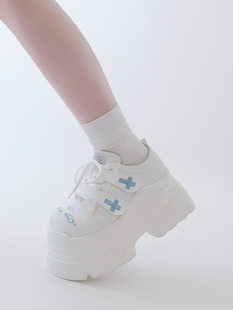 Yami Kawaii Matte White Cross Velcro Strap Kitty Ears Platform Shoes