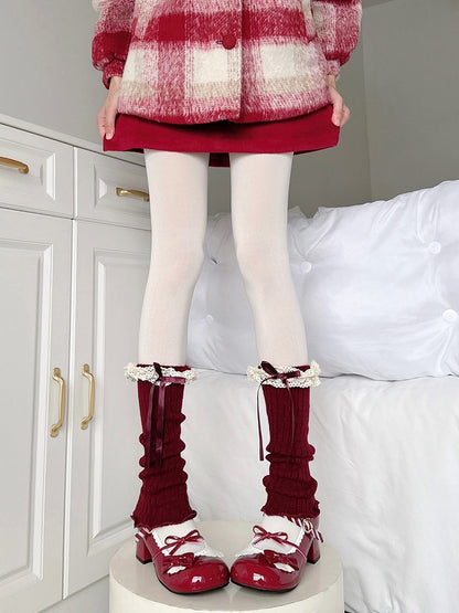 Ruffle Red Knitted Leg Warmers Wine Bow