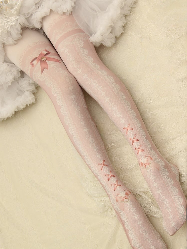 Lace Print Lolita Colors Tights 10 Strappy Bowknot