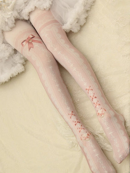 Lace Print Lolita Colors Tights 10 Strappy Bowknot