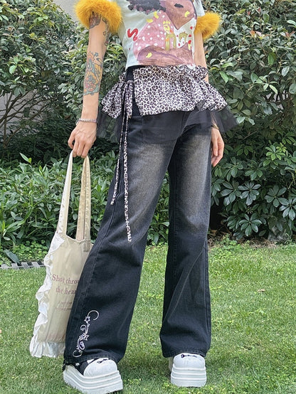 Y2K Accessoire Leopard Glamouröses Braun/Grau Muster Hosenbesatz Spitze