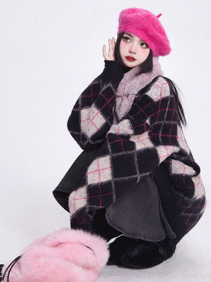 Mink Black Faux Diamond V-Neck Vintage Knit/Brushed Pattern Version Cardigan