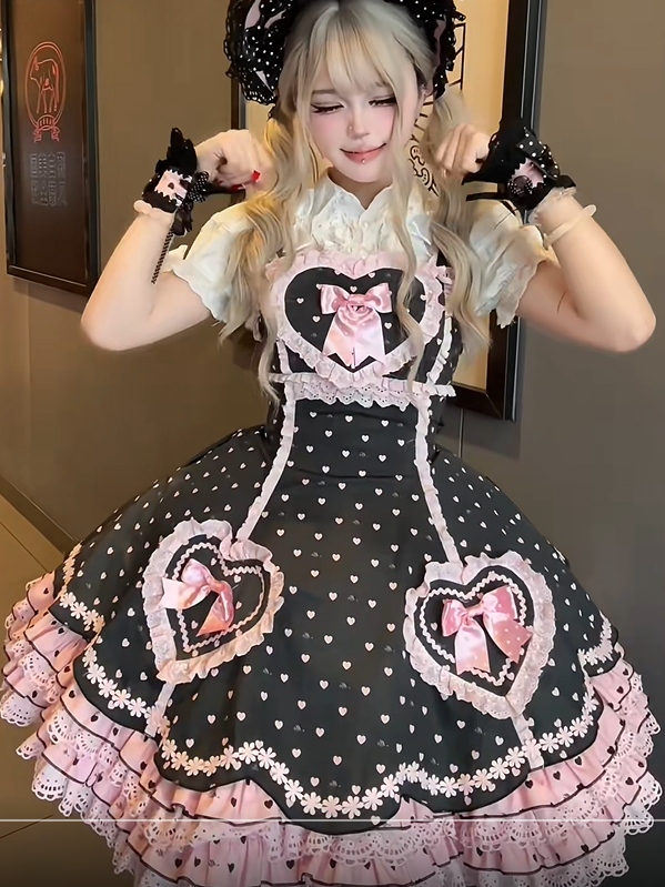 Heart Black with Bows and Lolita Dress Motifs Pink Lace-Trimmed Sweet