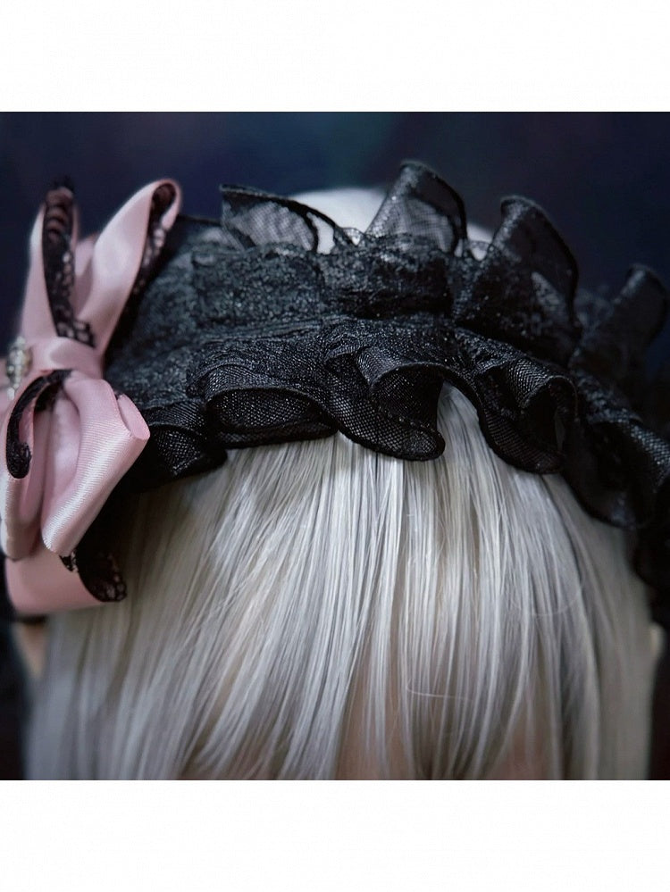 Black and Pink Ruffled Lace KC Bow - Strange Sugar
