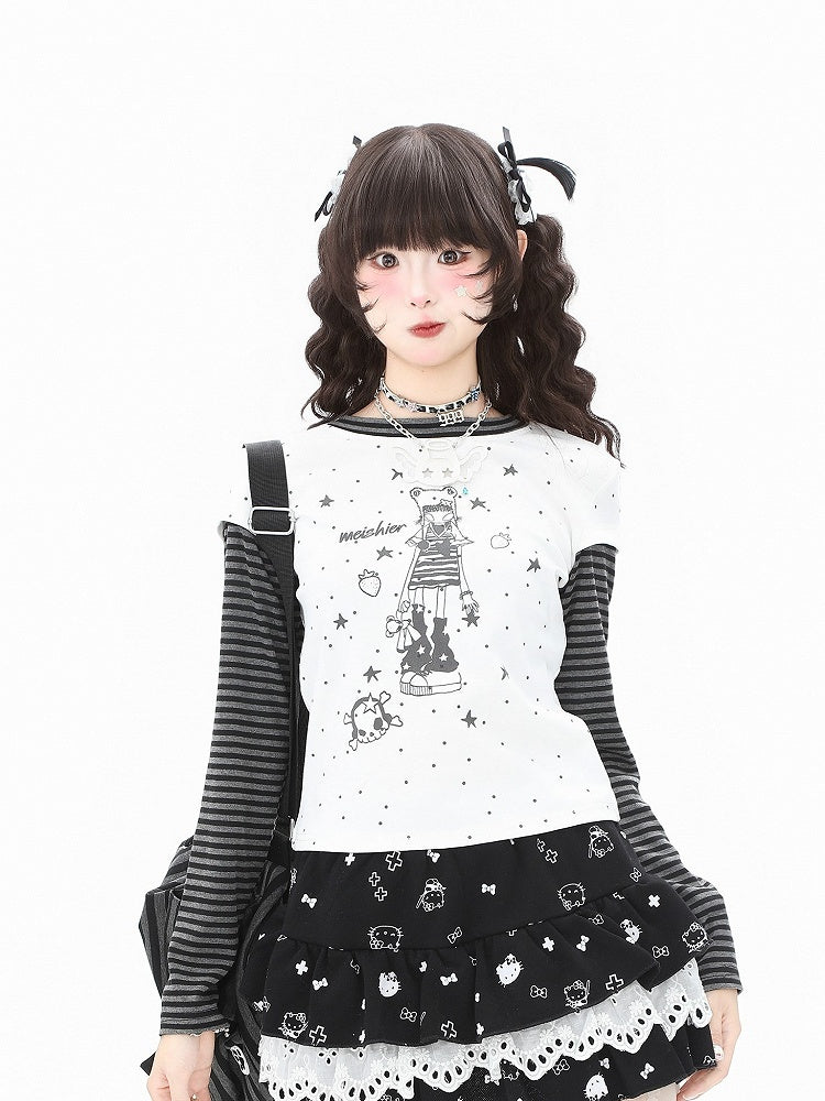 Top Sleeve Striped Bittersweet Pattern with Two-Piece Black/White Long