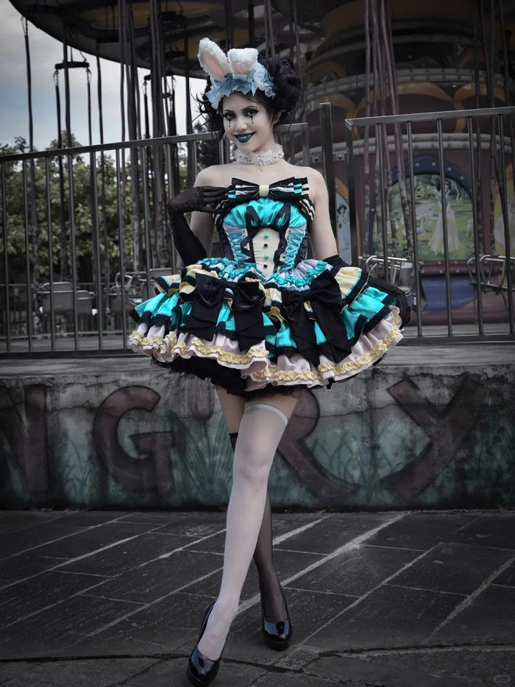 Pink Boned Basque Waist Puffy Dress with Bowknots and Big Padded Heart