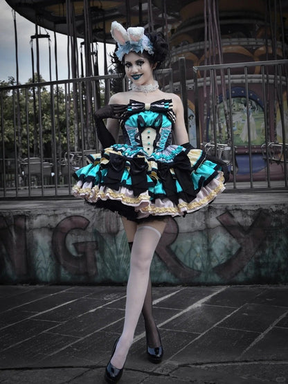 Pink Boned Basque Waist Puffy Dress with Bowknots and Big Padded Heart