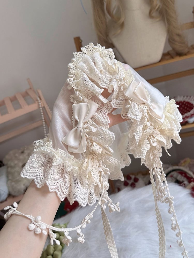 Lace Bow Triangular Trim Details Scarf Beige