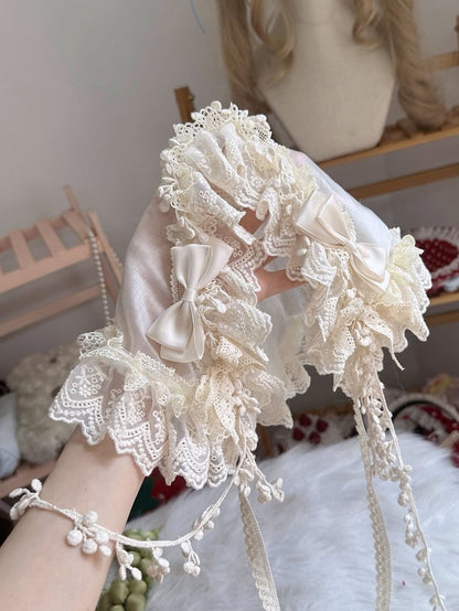 Lace Bow Triangular Trim Details Scarf Beige