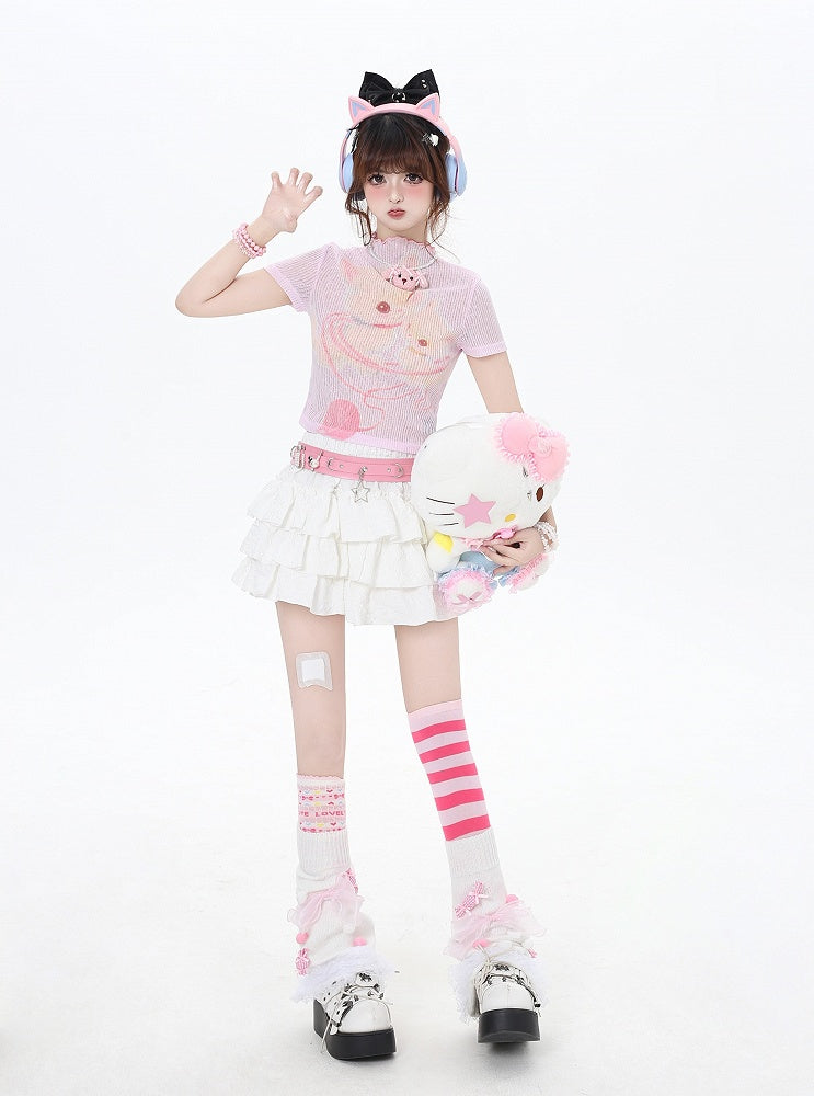 Cropped Beige/Light Pink Yume T-Shirt Adorable Animal Print Semi-sheer Kawaii