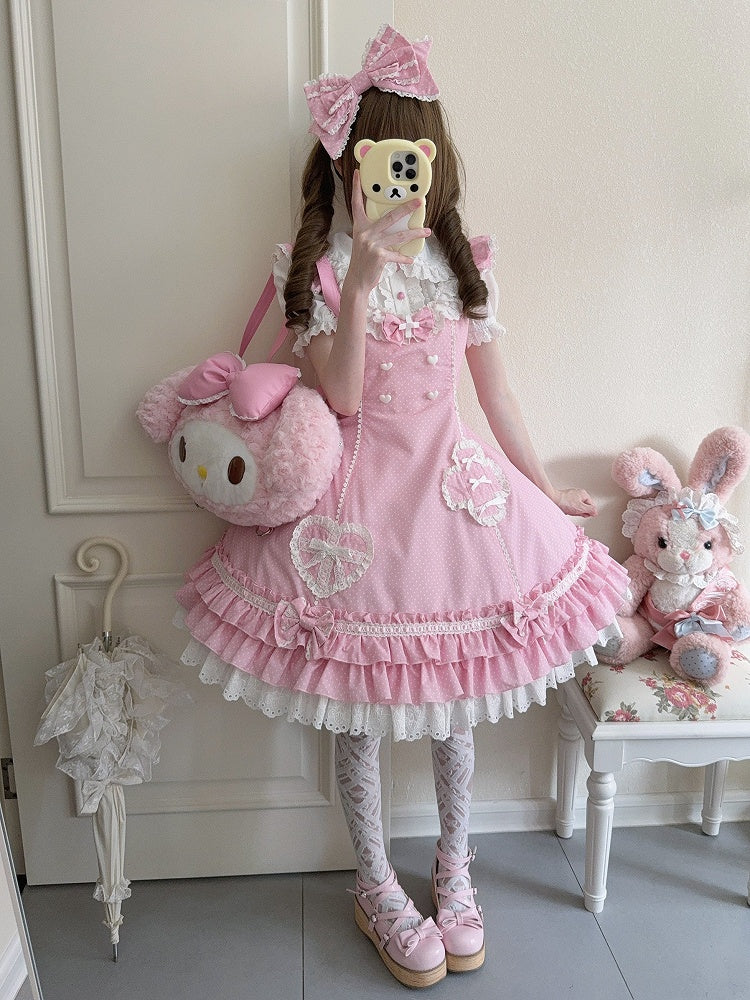 Pink Ruffle Lolita Dress Nurse Hemline Polka-dot Layered Pattern