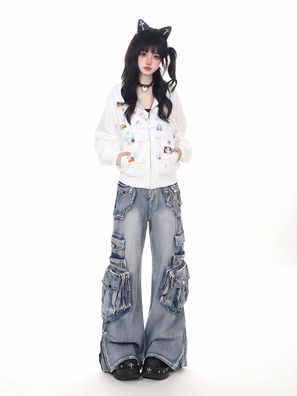 Zip Cuffs and Faded Low Waist Jeans Black/Blue with Punk Flare Cargo Wash