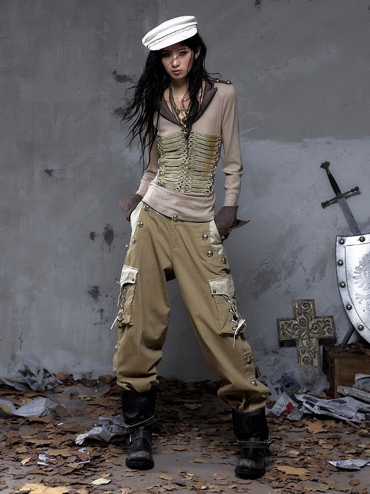 Punk Vintage Pockets Pants 3D with Khaki Cargo Dual-Tone Buttons