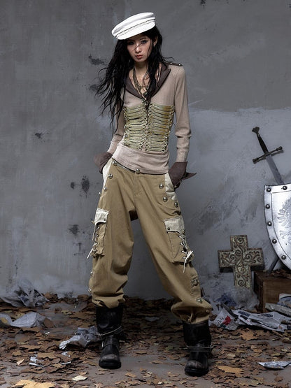 Punk Vintage Pockets Pants 3D with Khaki Cargo Dual-Tone Buttons
