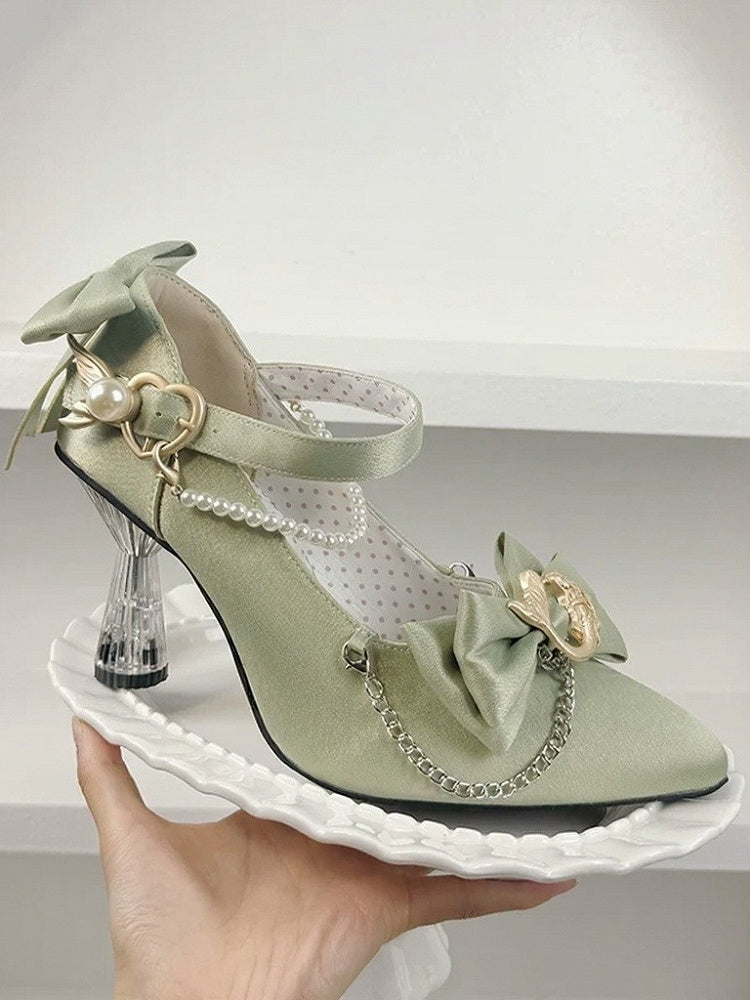 Pearl Chain Pointed Toe Mary Jane Heels with Mermaid Design - Meng Ka Jiang