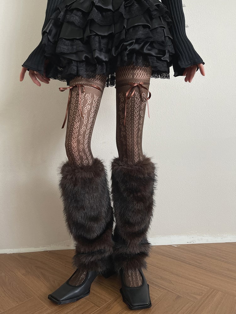 Tights with Brown Lace Bowknot Cutout Decoration