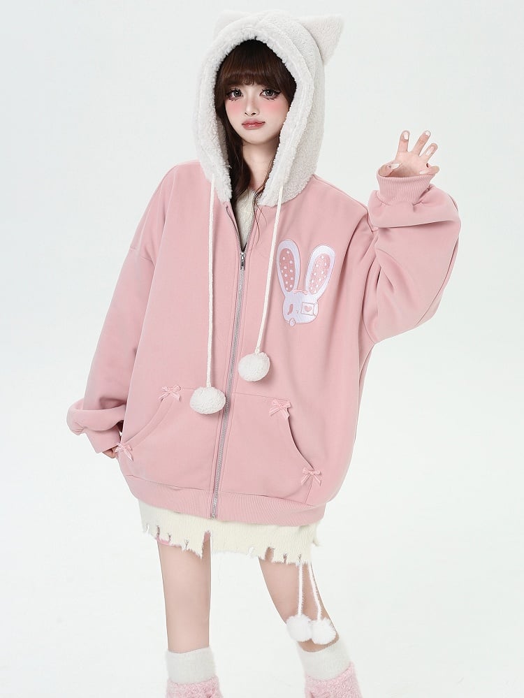 Schwarz/Rosa Kapuzenjacke mit Hasen-Katzenohren-Design