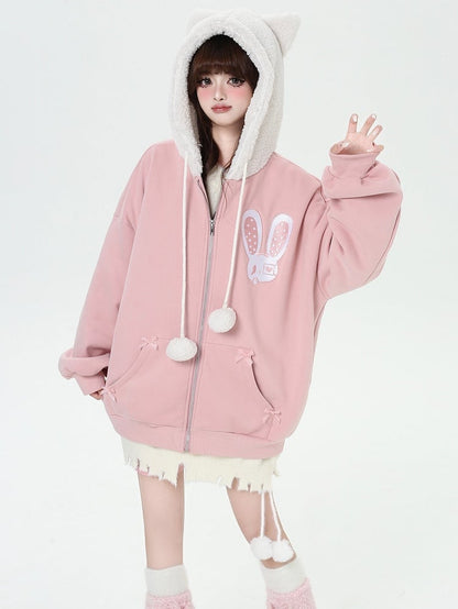 Schwarz/Rosa Kapuzenjacke mit Hasen-Katzenohren-Design