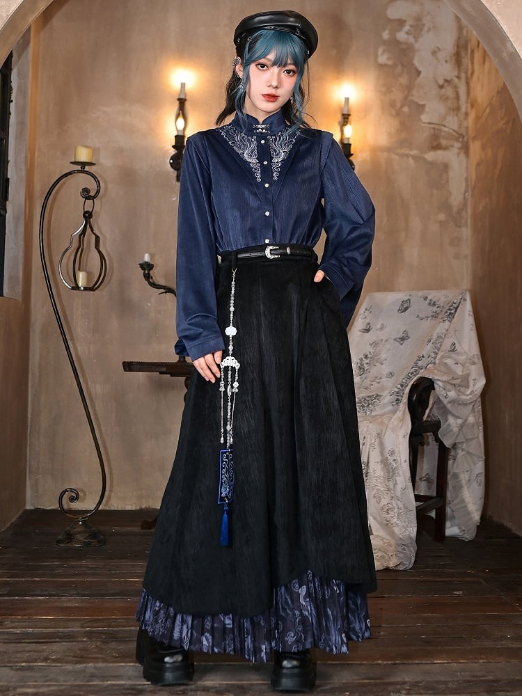 Hem - Double Black Layered Skirt Cheongsam Goth