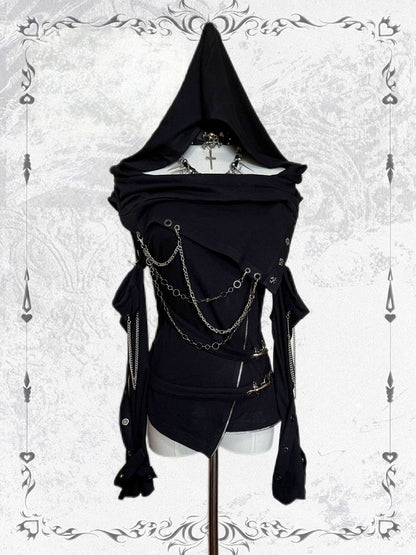 Dark Punk Black Asymmetric Cowl Neck Hooded Top - Blazed Field