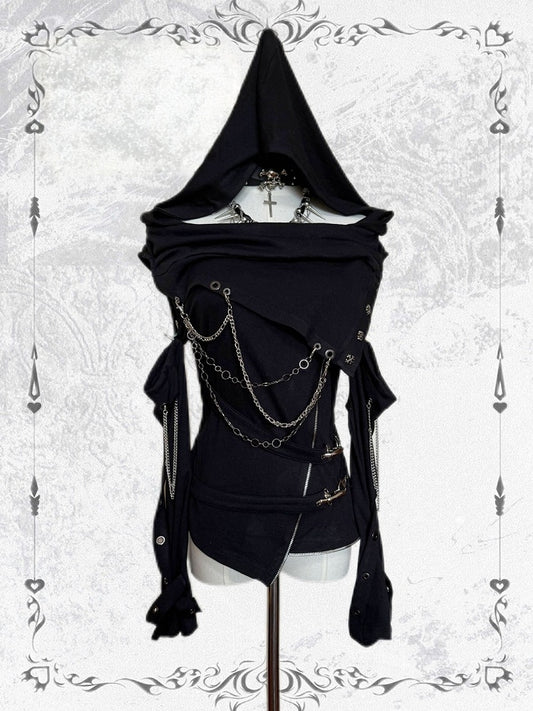 Dark Punk Black Asymmetric Cowl Neck Hooded Top - Blazed Field