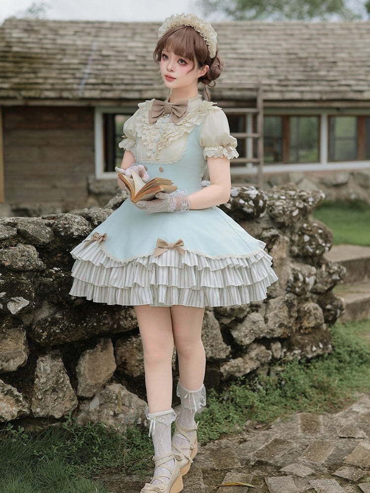Puff-Sleeve Short Dress in Beige and Blue with Scalloped Hem and Bows - With PUJI