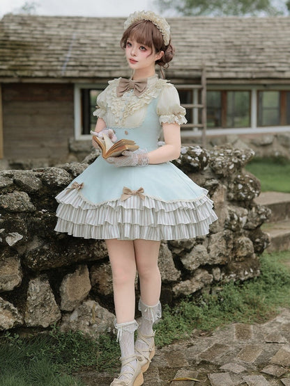 Puff-Sleeve Short Dress in Beige and Blue with Scalloped Hem and Bows - With PUJI