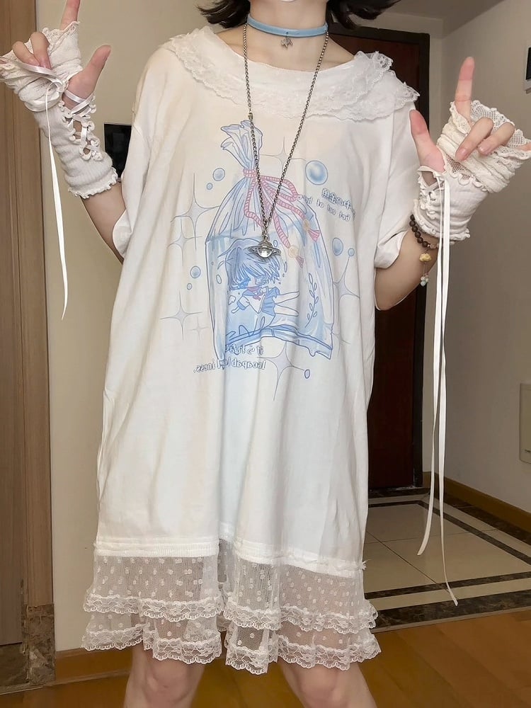 T-Shirt Free Blue with Dress Gloves Style Fingerless Trim Light Landmine Lace Print Cartoon