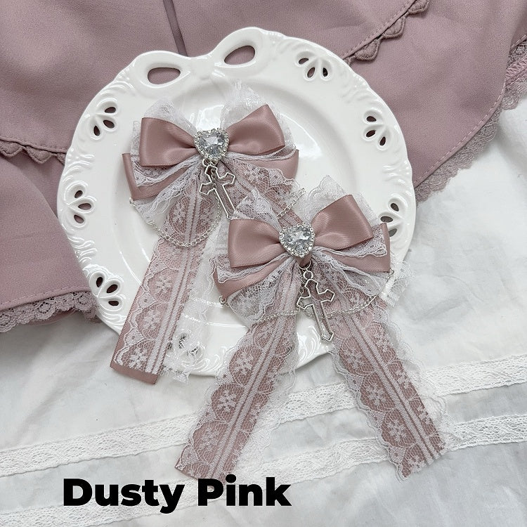 Charm Lace Bow Hairclips White/Pink/Dusty Cross Jirai Kei Pink/Black/Blue