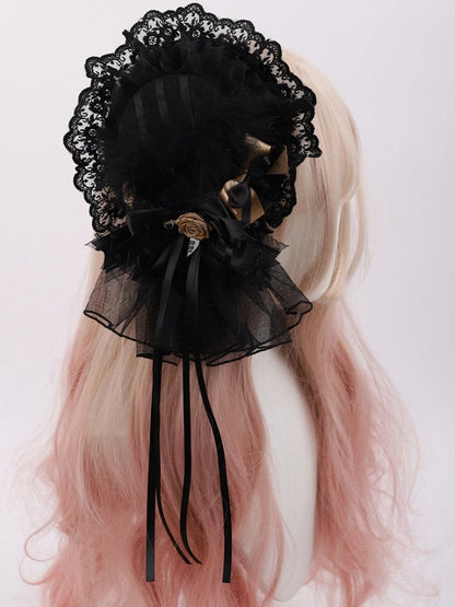 Black Hat Lace Mini Lolita and Accents Feather Bow with Gold
