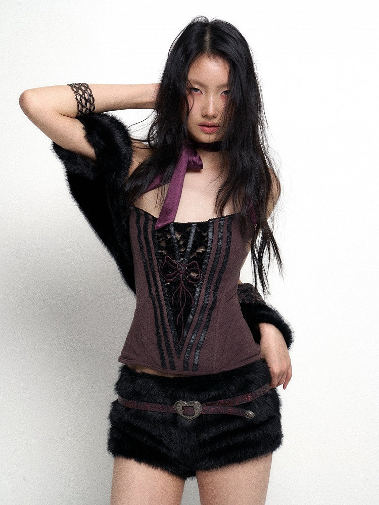 Design Dusty Halter with Purple Top Back Neck Lace-Up
