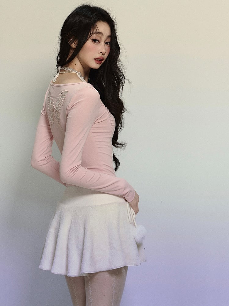 Rosa Spitzenoberteil mit Schmetterlingsausschnitt und Neckholder und langen Ärmeln