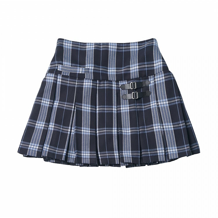 Black & Blue Plaid Box Pleat Skirt with Buckle Strap Detail - PINK SAVIOR