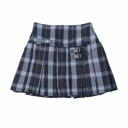 Black & Blue Plaid Box Pleat Skirt with Buckle Strap Detail - PINK SAVIOR