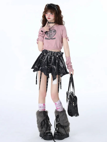 染めタイスカート裾ブラックグレーとハンカチ