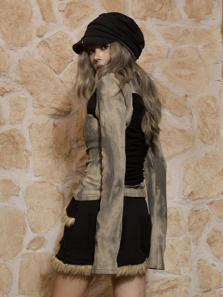 Block Khaki Top with Cross Knit Punk Wear Trapezoidal Two-Way Black