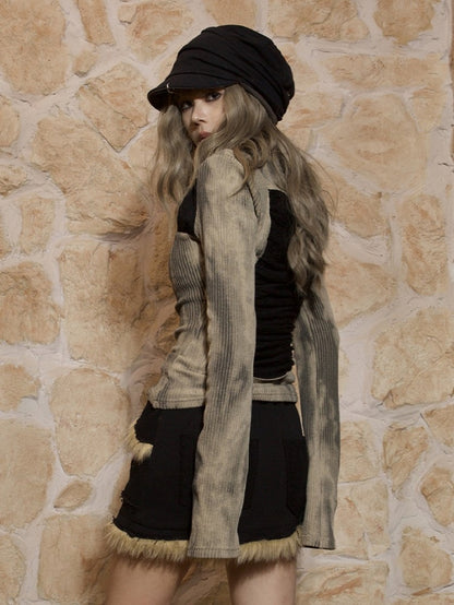 Block Khaki Top with Cross Knit Punk Wear Trapezoidal Two-Way Black